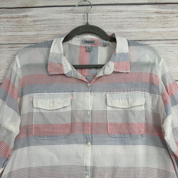 Toad & Co Organic Cotton Striped Button Down Shirt Womens Large White Red Blue - Picture 3 of 15
